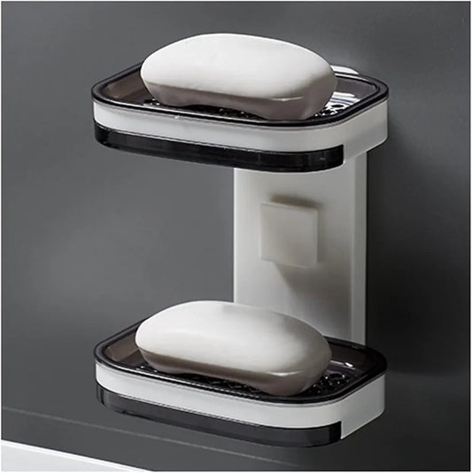 Double-Layer Wall-Mounted Soap Dish with Drain & Sponge Holder – Punch-Free Plastic Bathroom Organizer with Strong Adhesive