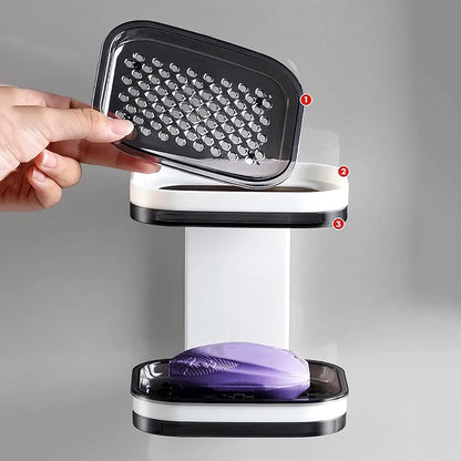 Double-Layer Wall-Mounted Soap Dish with Drain & Sponge Holder – Punch-Free Plastic Bathroom Organizer with Strong Adhesive
