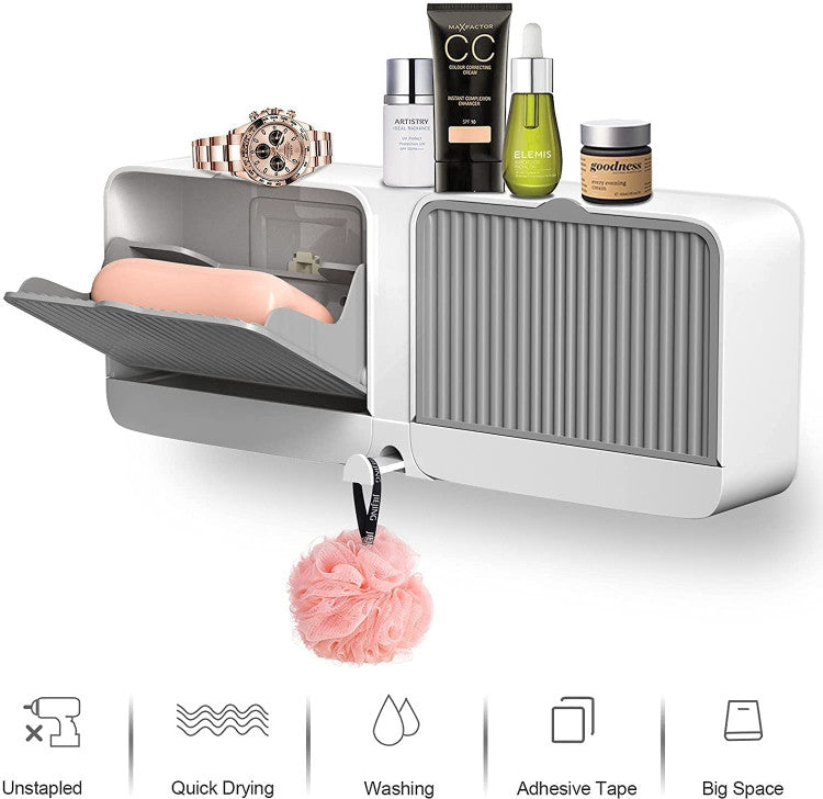 No-Drilling Clamshell soap Box Wall-Mounted with Cover Double Grid-Asphalt Toilet Laundry soap New Box soap Box