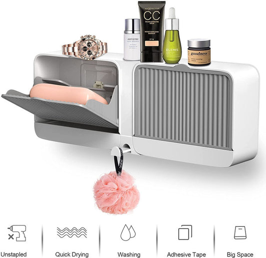 No-Drilling Clamshell soap Box Wall-Mounted with Cover Double Grid-Asphalt Toilet Laundry soap New Box soap Box